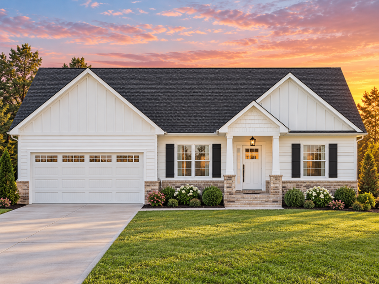 French Provincial House Plans 13 Front elevation of a Modern Farmhouse Ranch home featuring white board and batten siding, stone skirting, dark roof, and symmetrical gabled design