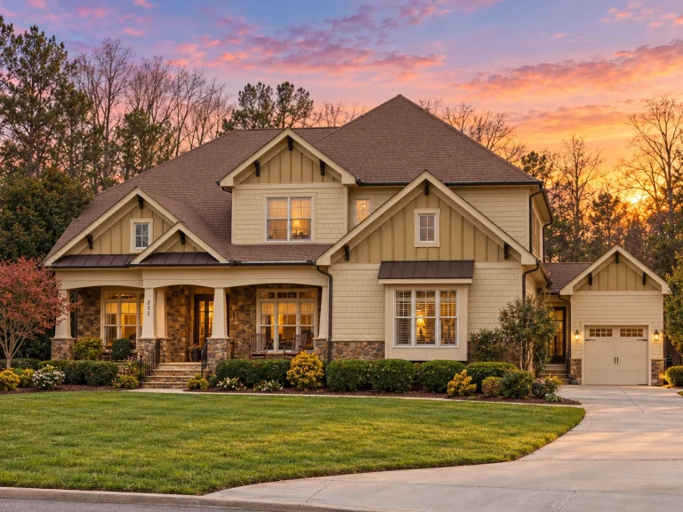 Front elevation of a New American modern traditional house with stone accents, horizontal siding, gabled rooflines, and side-entry garage