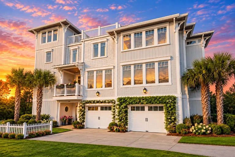 Contemporary House Plans 12 Front elevation of a Coastal Shingle Style home featuring white shingle siding, board and batten accents, multiple balconies, and an elevated garage layout