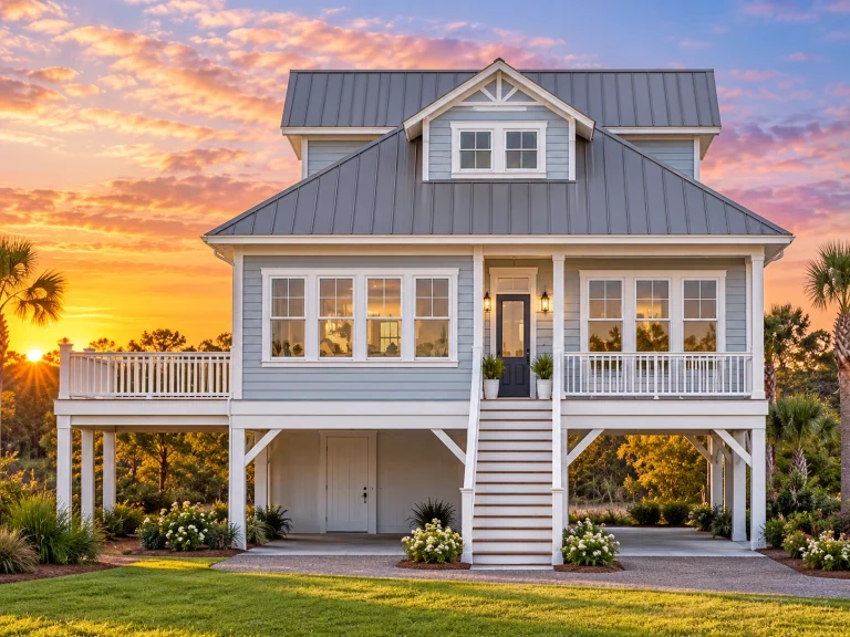 Two-story Modern Farmhouse Coastal home with metal roof, stone base, and elevated porch surrounded by lush trees.