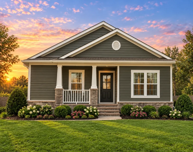 Contemporary House Plans 18 Front elevation of a Traditional Cottage style home featuring horizontal siding, brick foundation accents, and a welcoming covered porch entry