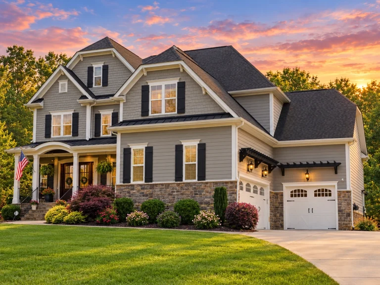 Front elevation of Traditional Colonial style home with white horizontal siding, shake gable accents, black shutters, and double garage