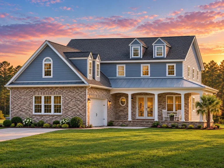 House Plans with Wraparound Porch 7 Front view of a Traditional Colonial style home featuring stone exterior, horizontal siding, and a classic covered front porch with dormers