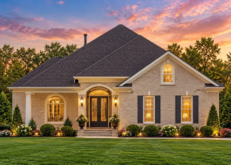 Contemporary House Plans 8 Front view of a Traditional Brick Colonial style home featuring red brick exterior, symmetrical windows, and classic curb appeal