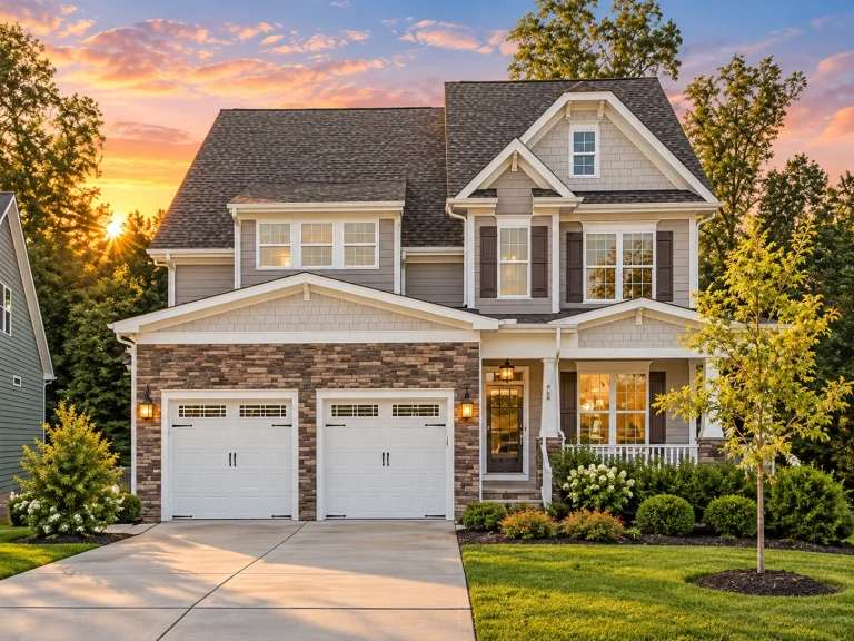 House Plans with Recreation Room 11 Front exterior view of a New American Modern Traditional home with Craftsman details, stone-accented garage, horizontal siding, gabled rooflines, and covered front porch