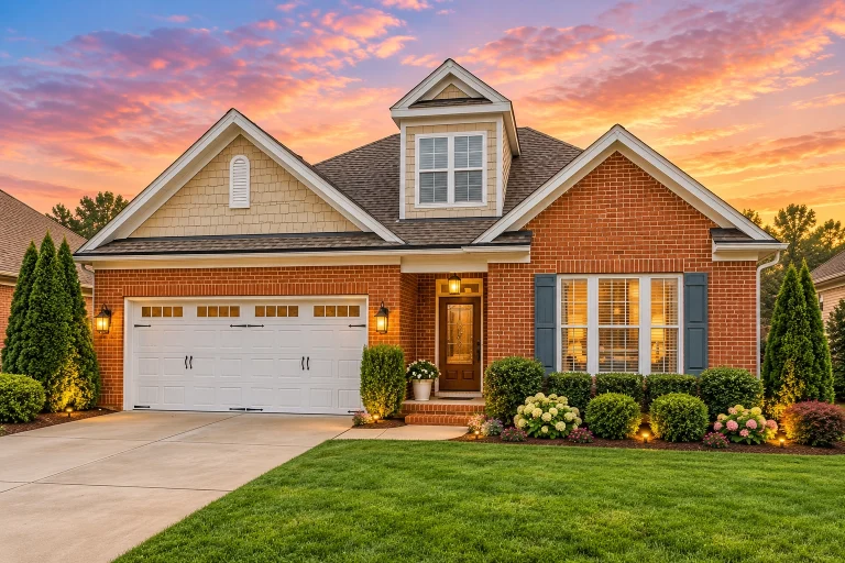 House Plans with Recreation Room 21 Traditional brick ranch-style home with Craftsman details, featuring a front gable roof, dormer window, and two-car garage with landscaped yard under warm afternoon light.