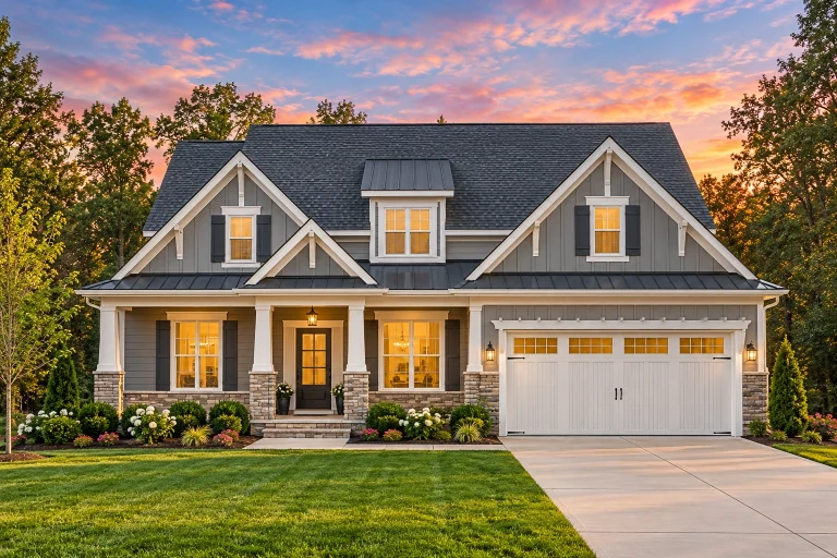 Modern farmhouse country style home plan with board and batten siding, yellow shutters, and front porch
