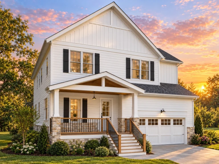 Front elevation of a modern farmhouse style home featuring board and batten siding, covered front porch, and attached garage