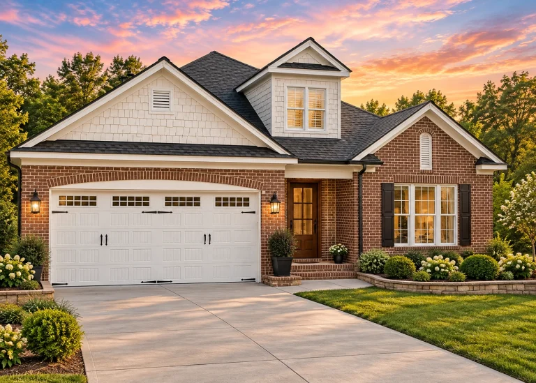 Front elevation of a New American style suburban house with brick exterior, horizontal siding, gabled rooflines, and a two-car front-entry garage