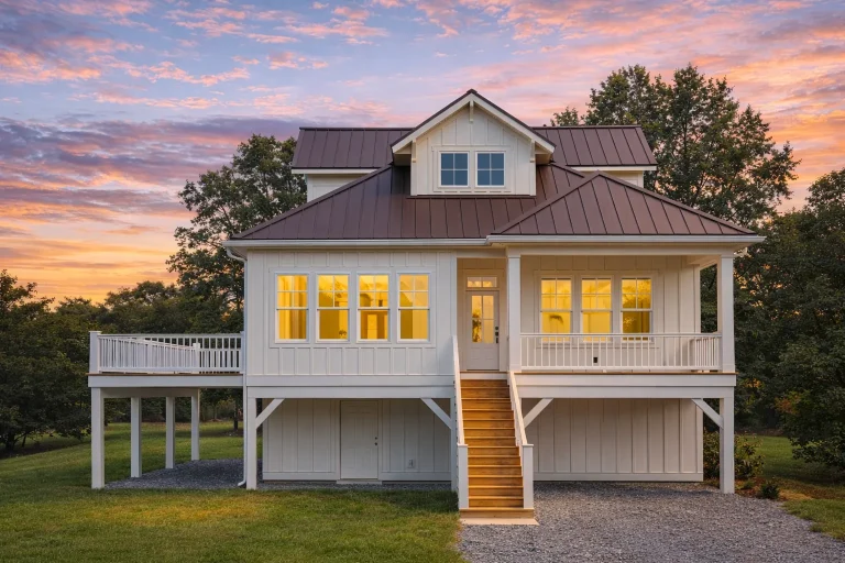 Two-story Modern Farmhouse Coastal home with metal roof, stone base, and elevated porch surrounded by lush trees.