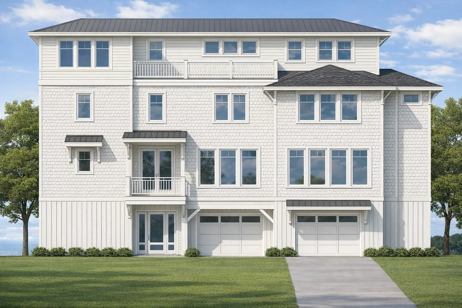 Front elevation of a Coastal Shingle Style home featuring white shingle siding, board and batten accents, multiple balconies, and an elevated garage layout