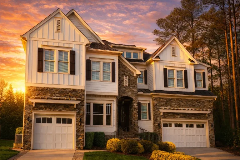 Front exterior view of a New American Craftsman style home featuring board and batten siding, stone accents, and a two-story suburban design