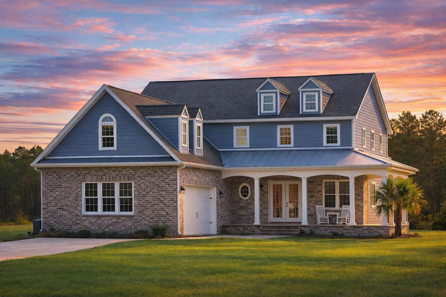 Front view of a Traditional Colonial style home featuring stone exterior, horizontal siding, and a classic covered front porch with dormers
