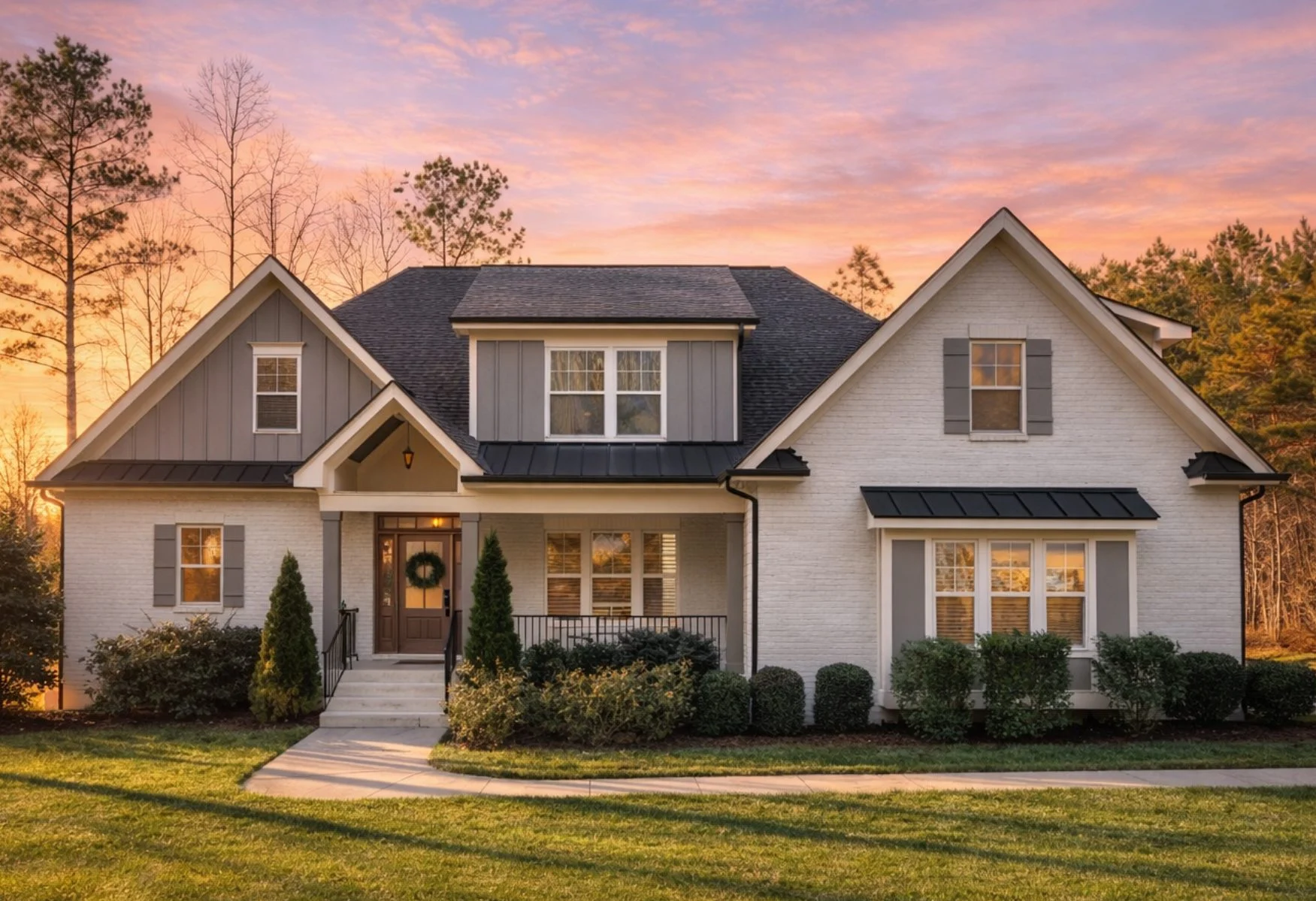 Front elevation of Traditional Colonial style home with brick exterior, lap siding gables, and symmetrical windows