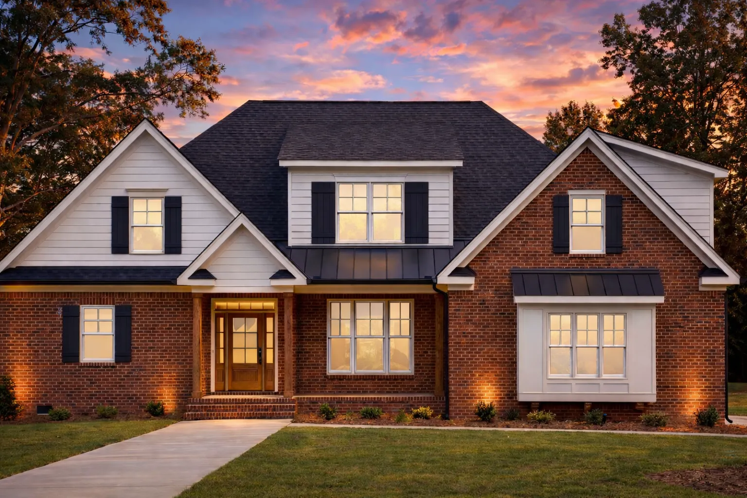 Front elevation of Traditional Colonial style home with brick exterior, lap siding gables, and symmetrical windows