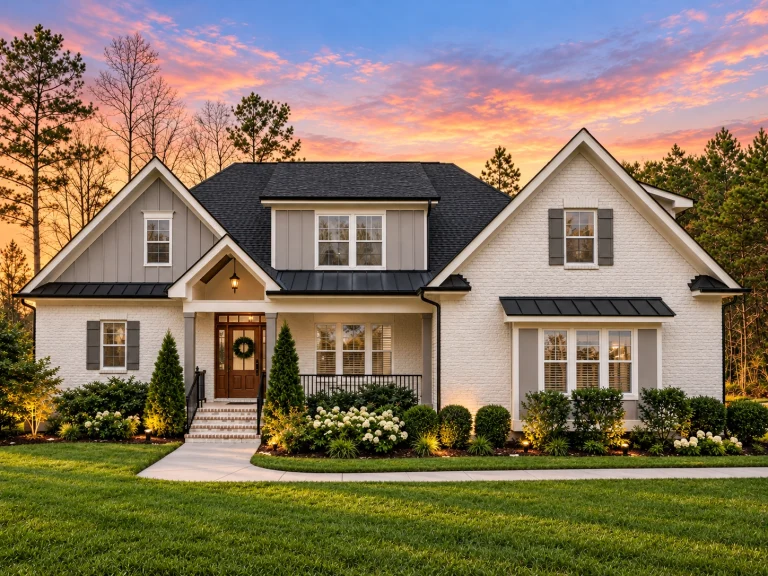 Front elevation of Traditional Colonial style home with brick exterior, lap siding gables, and symmetrical windows