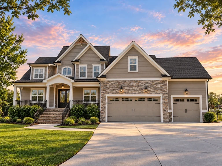 Front elevation of a New American Modern Traditional house with brick and horizontal siding, gabled rooflines, and an attached three-car garage
