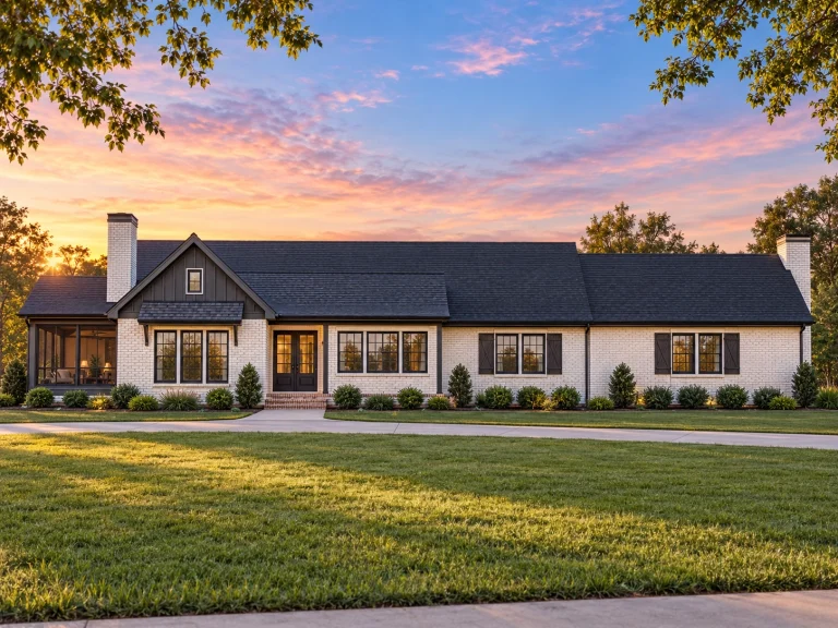 Front elevation of a Traditional Ranch home featuring stone accents, horizontal siding, and a welcoming covered porch