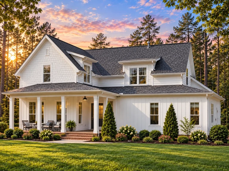 Front view of a Modern Farmhouse Cottage style home with board and batten siding, shingle gable accent, and inviting front porch entry