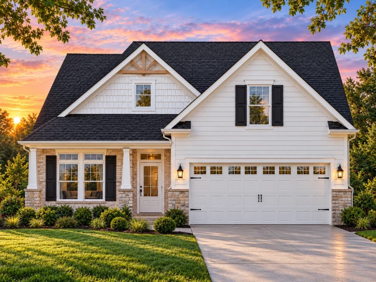 Luxury House Plans 5 Front elevation of a New American style Craftsman home with horizontal lap siding, shingle accents, gabled rooflines, and a two-car garage