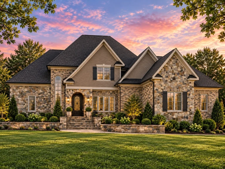 Front view of a Traditional European style house with stone and horizontal siding, steep gable roofs, and manicured landscaping