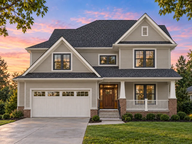 Front view of a two-story Traditional Craftsman style home featuring shake and lap siding, red shutters, and stone-accented porch columns