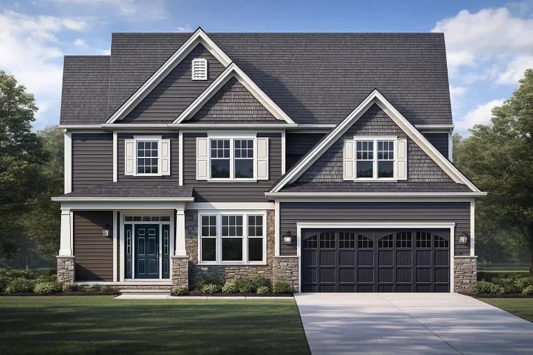 Front elevation of a New American / Modern Traditional two-story home featuring horizontal lap siding, stone veneer accents, gabled rooflines, and a welcoming covered porch