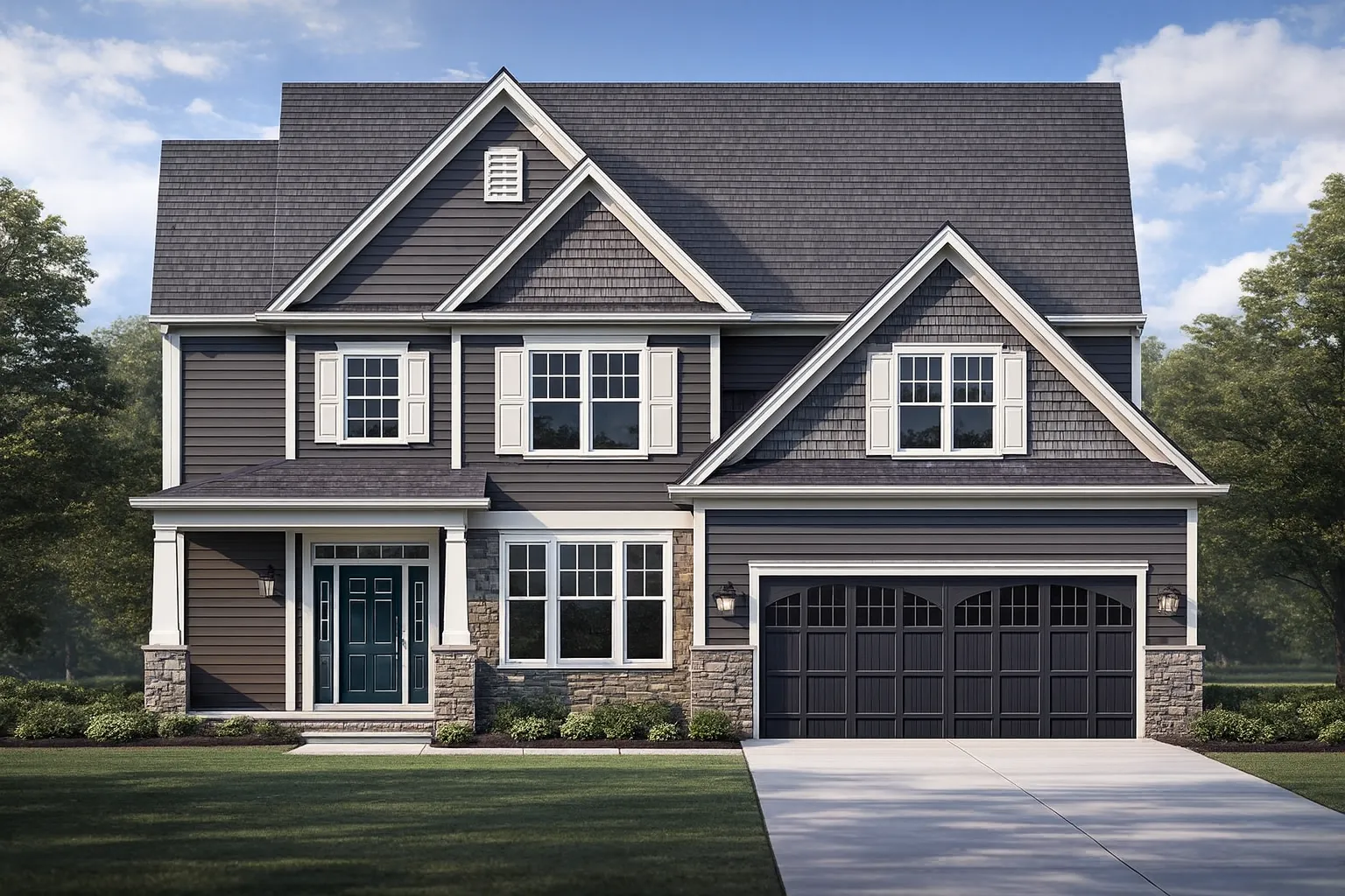 Front elevation of a New American / Modern Traditional two-story home featuring horizontal lap siding, stone veneer accents, gabled rooflines, and a welcoming covered porch