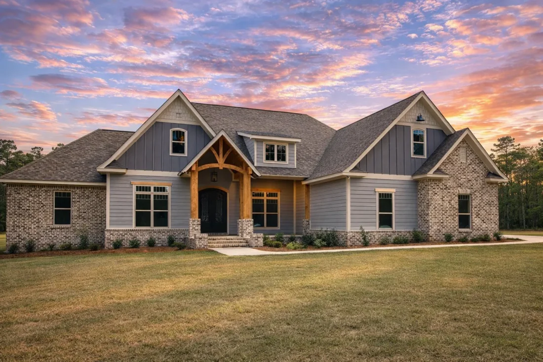 Front view of a Craftsman Farmhouse featuring a brick and board-and-batten exterior with timber accents and gabled rooflines