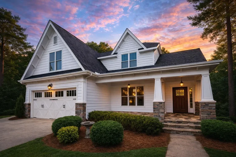 Front elevation of a Craftsman style home featuring horizontal siding, shingle accents, stone porch columns, and a welcoming covered front porch