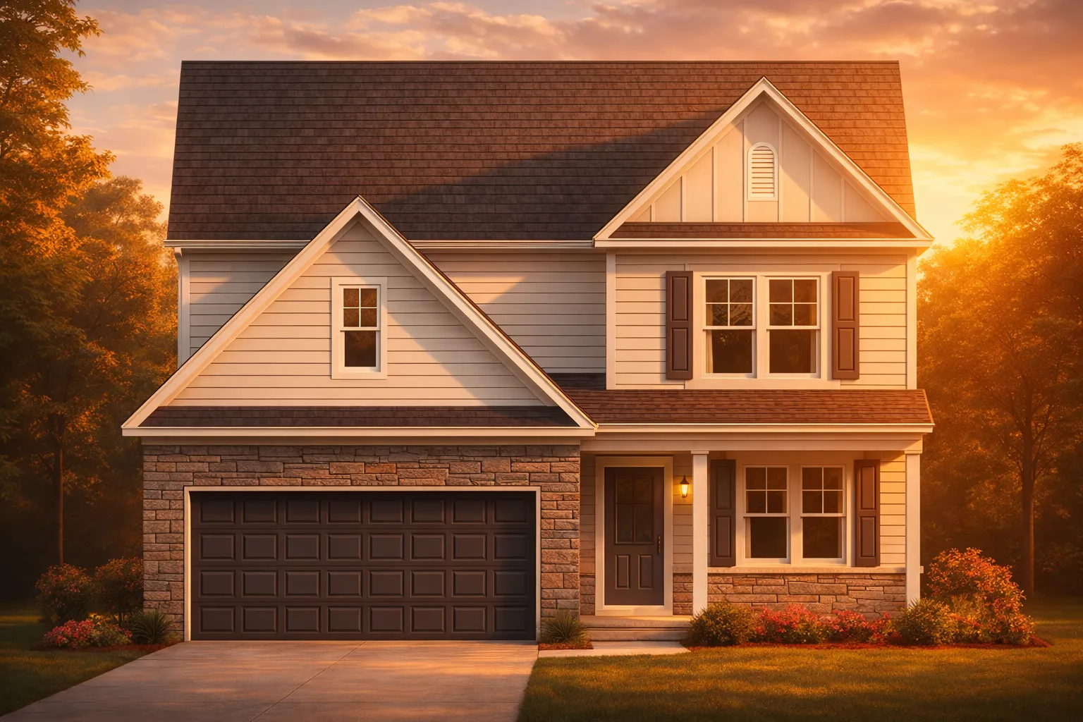 Front elevation of a New American style two-story house with horizontal siding, board and batten accents, stone base, and attached two-car garage