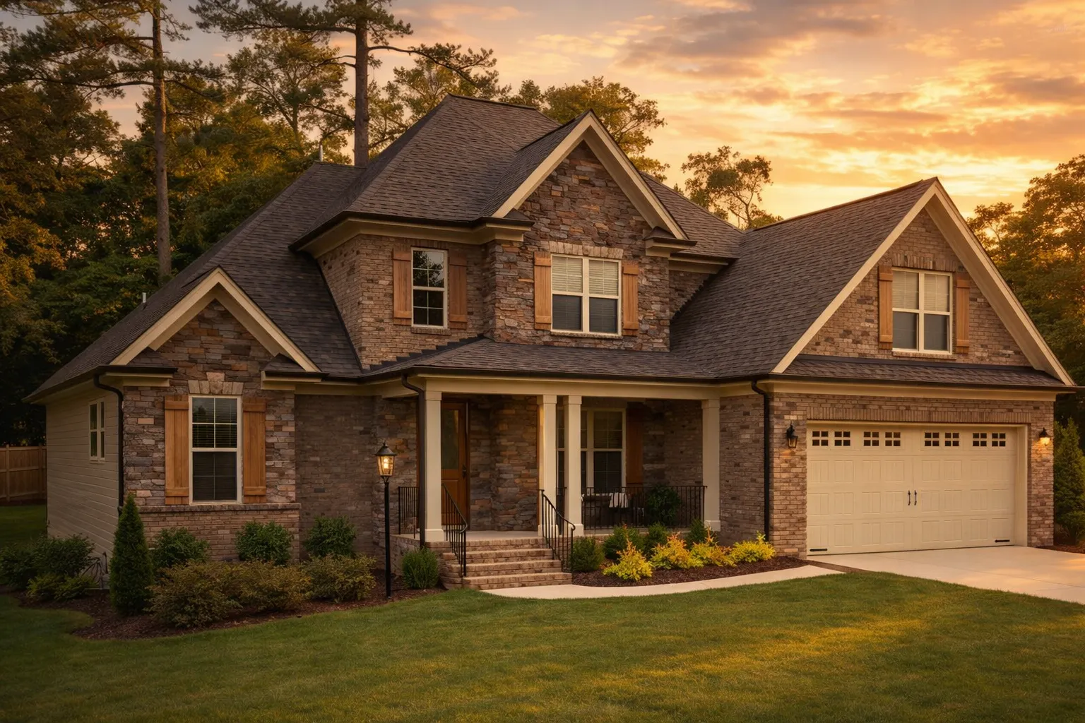Front elevation of a New American Craftsman style home featuring brick and stone exterior, gabled rooflines, and covered entry porch