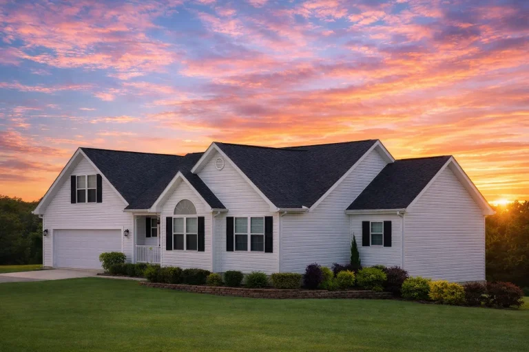 Front elevation of a Modern Farmhouse Ranch home featuring white board and batten siding, black roofline, and inviting front porch