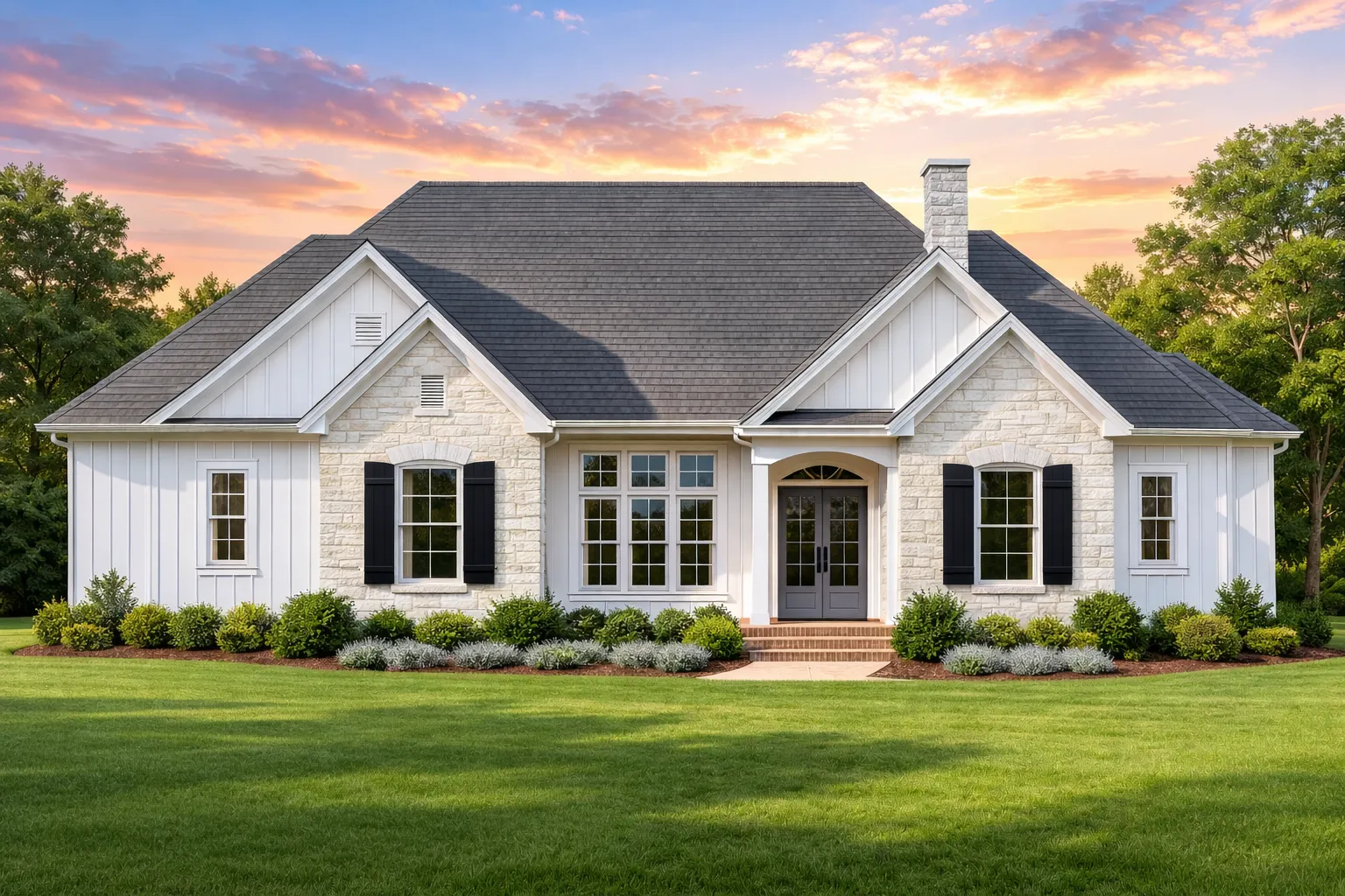Front elevation of a traditional European-style house with brick exterior, steep gable roof, arched entry porch, and classic shuttered windows