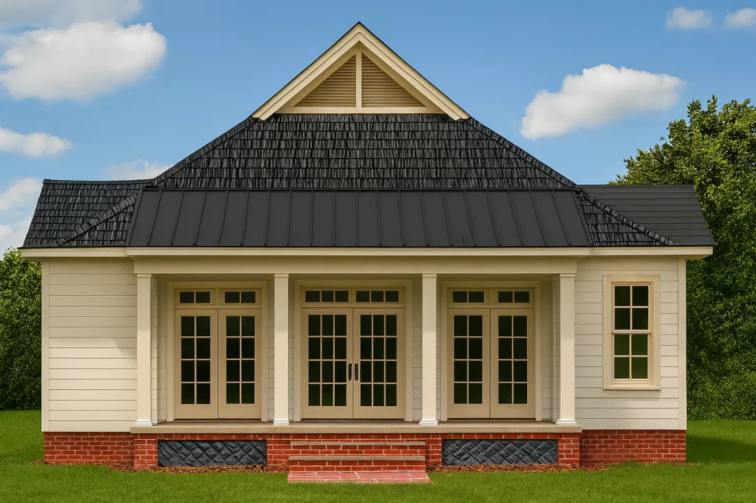 Front view of a Modern Farmhouse home featuring board-and-batten siding, stone water-table accents, symmetrical gables, and a welcoming covered entry