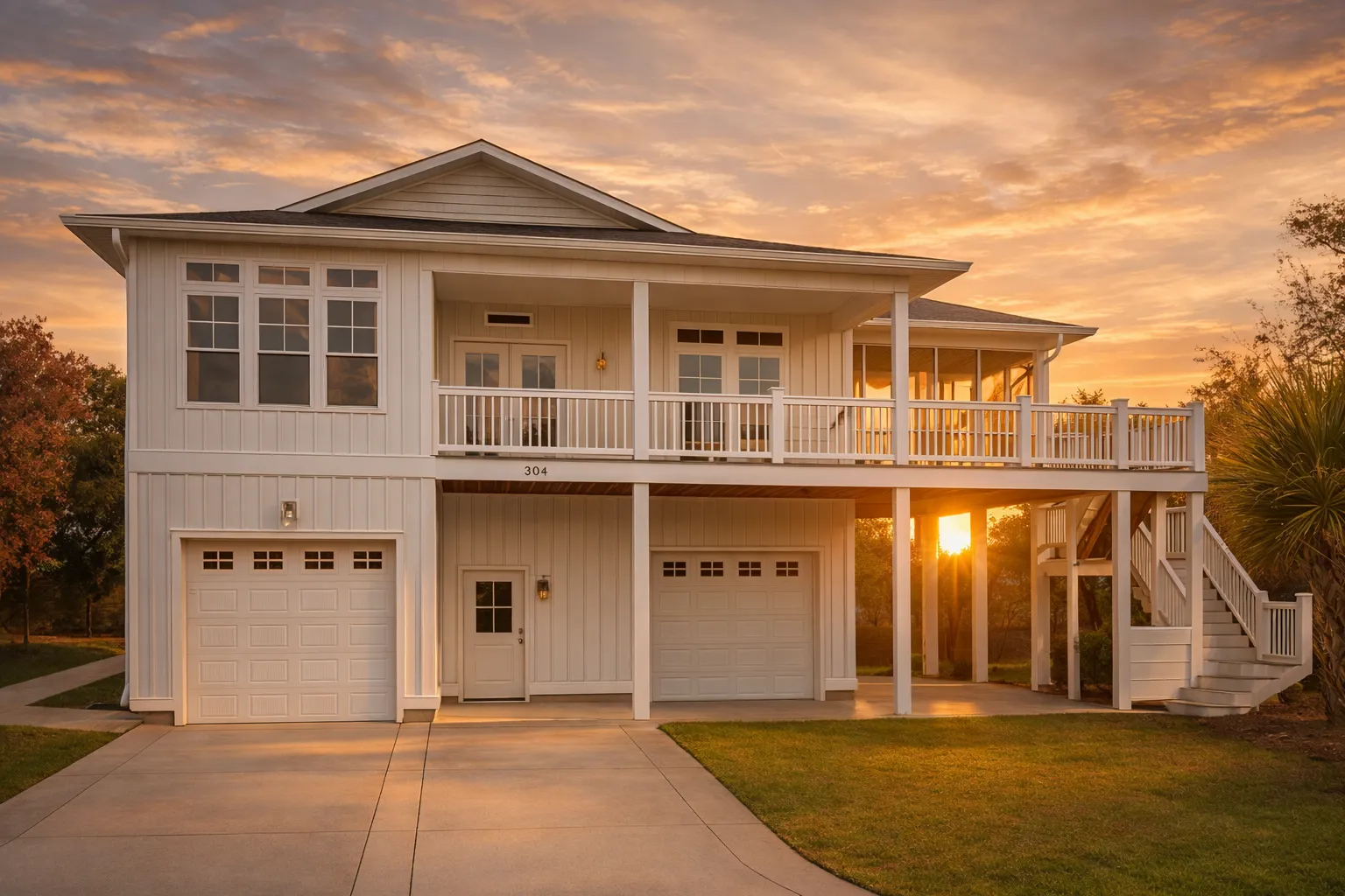 Front elevation of elevated Coastal Low Country style home with horizontal siding, wraparound porch, exterior stairs, and ground-level garage