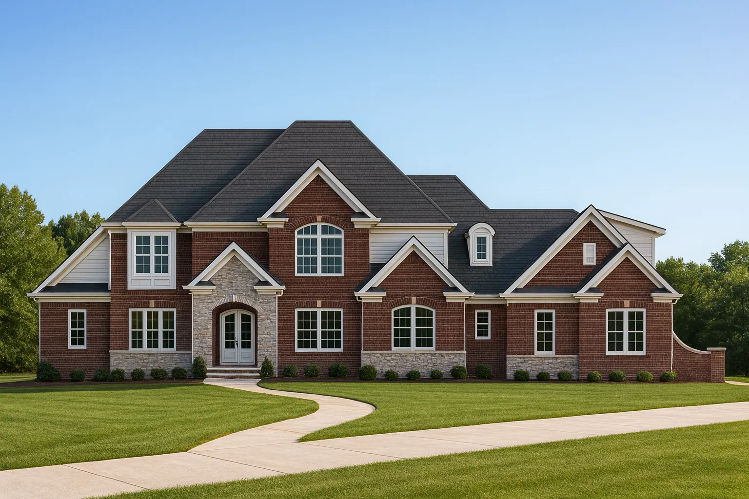 Front view of a New American style home featuring stone accents, board and batten, horizontal siding, and a welcoming traditional façade