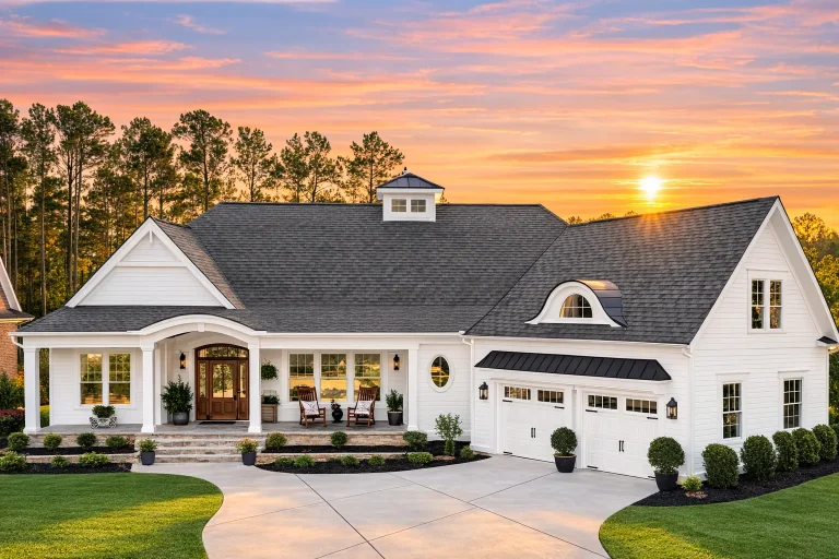 Front exterior of a New American style home featuring white board and batten siding, gabled rooflines, covered porch, and side-entry garage