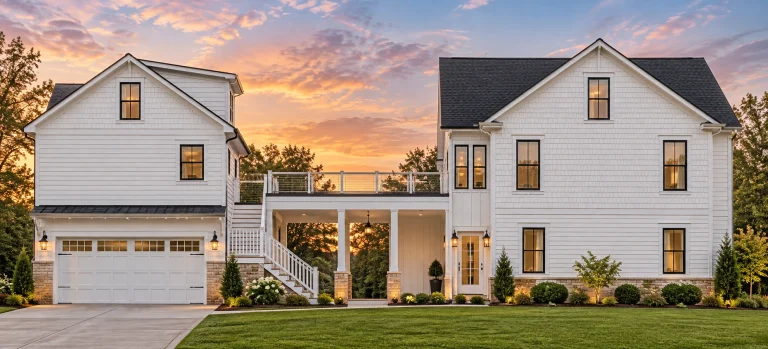 Front elevation of a Coastal Farmhouse carriage house featuring shingle and lap siding, detached garage apartment, and covered breezeway connection