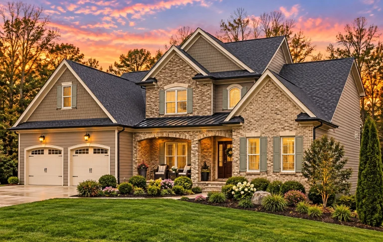 Front elevation of a New American Traditional two-story home with stone veneer, brick facade, lap siding, and shake gable accents