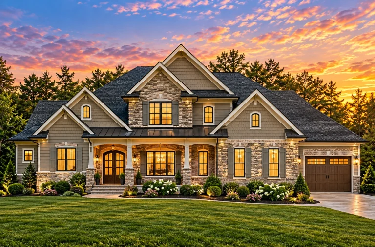 Front elevation of a New American modern traditional home with brick and lap siding, gabled rooflines, shutters, and covered entry