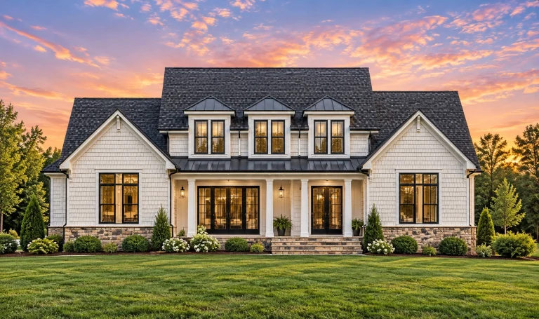 Front elevation of a Colonial Revival style home with white horizontal siding, symmetrical façade, central entry, and classic dormer windows