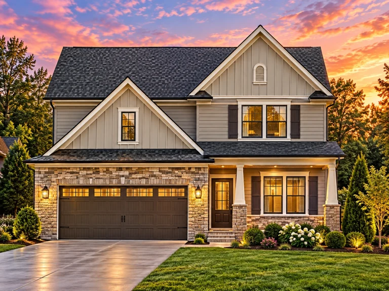Front elevation of a New American style two-story house with horizontal siding, board and batten accents, stone base, and attached two-car garage