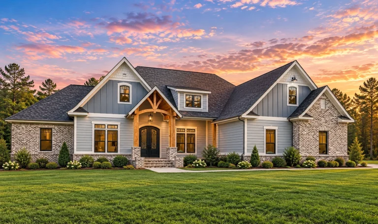 Contemporary House Plans 7 Front view of a Craftsman Farmhouse featuring a brick and board-and-batten exterior with timber accents and gabled rooflines