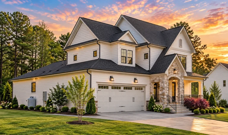 Front exterior view of a New American Modern Traditional two-story house featuring horizontal siding, stone accents, front-entry garage, and gabled rooflines