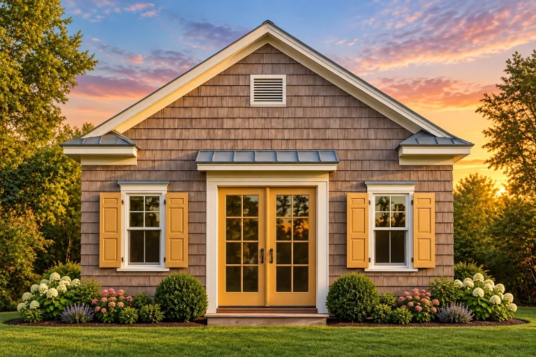 Front elevation of a Shingle Style Coastal Cottage with cedar shingle siding, wood shutters, and centered French door entry