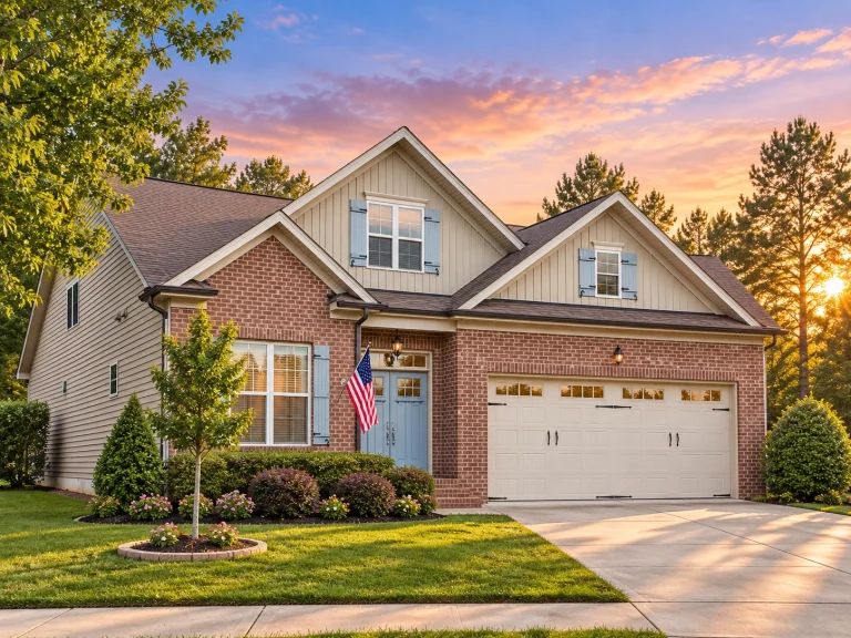 Front elevation of a modern traditional suburban home with brick exterior, board and batten siding, gabled rooflines, and two-car garage