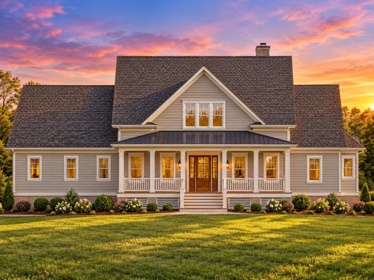 Front elevation of a Cape Cod style house featuring horizontal siding, a welcoming covered porch, gabled rooflines, and traditional architectural symmetry