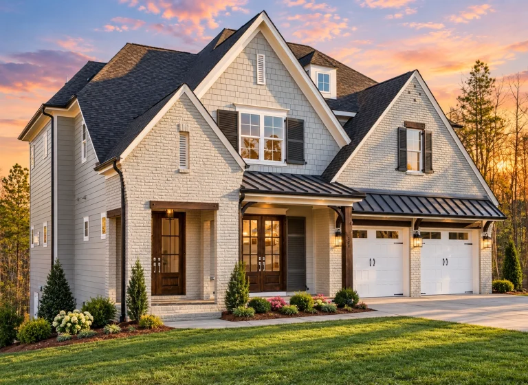 Contemporary House Plans 8 Front elevation of a Traditional New American style home featuring brick exterior, symmetrical gables, shuttered windows, and a two-car garage