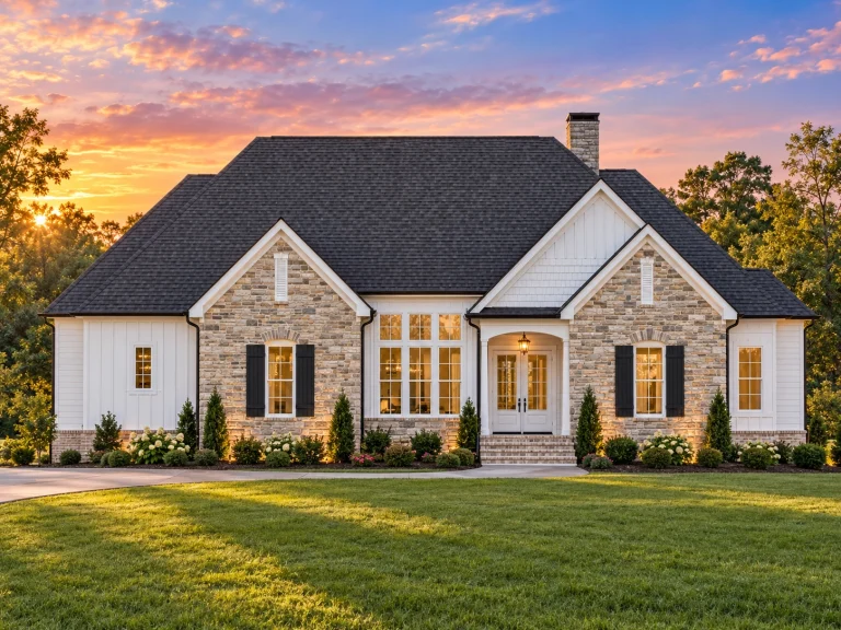 French Country Farmhouse Plans 13 Front elevation of a traditional European-style house with brick exterior, steep gable roof, arched entry porch, and classic shuttered windows